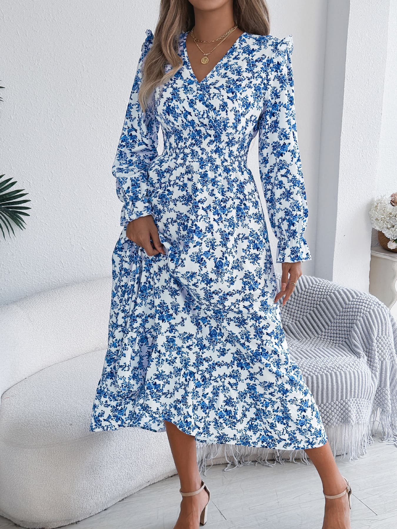 Women's Elegant Floral Cross V-Neck Waist-Defined Hem Ruffle Maxi Dress