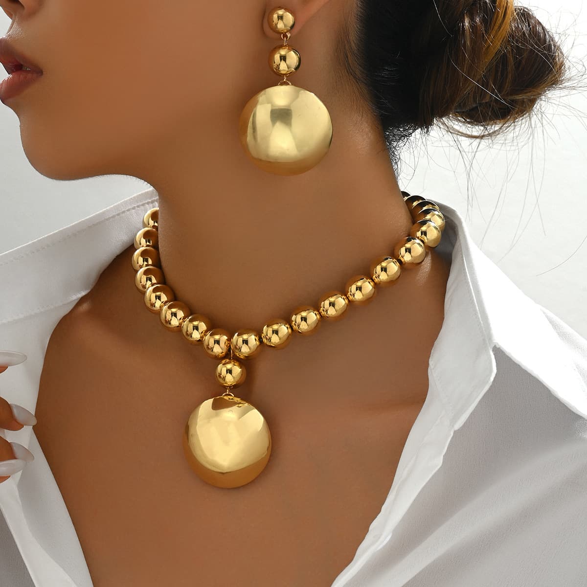 Fashion Women's Metal Bead Necklace Pendant Earrings Jewelry Set