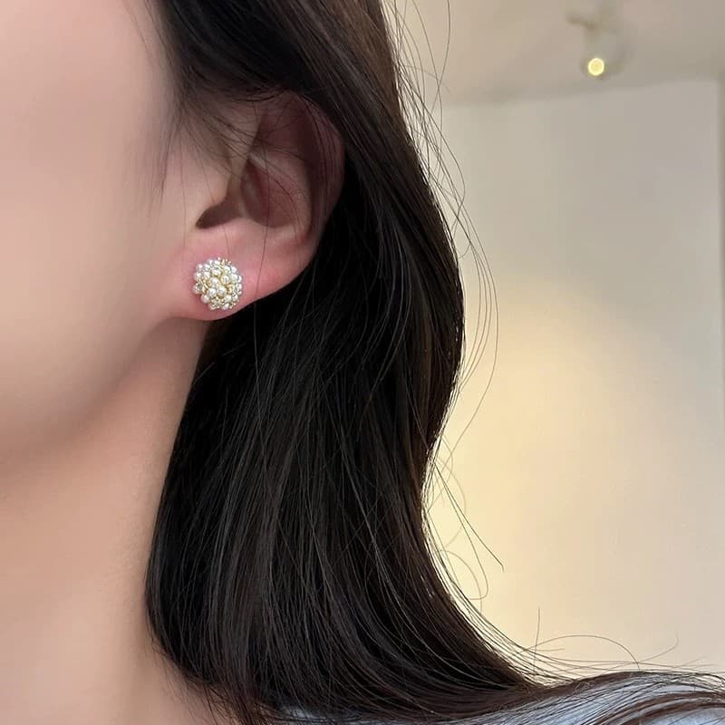 Vintage Embroidered Ball Earrings With Artificial Pearl Earrings
