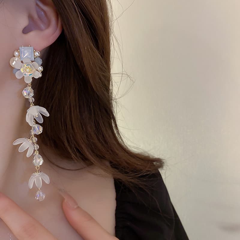 925 Sterling Silver Needle Long Tassel Earrings For Women Pearl Crystal Flower Drop Earrings Luxury Statement Bridal Wedding Party Jewelry