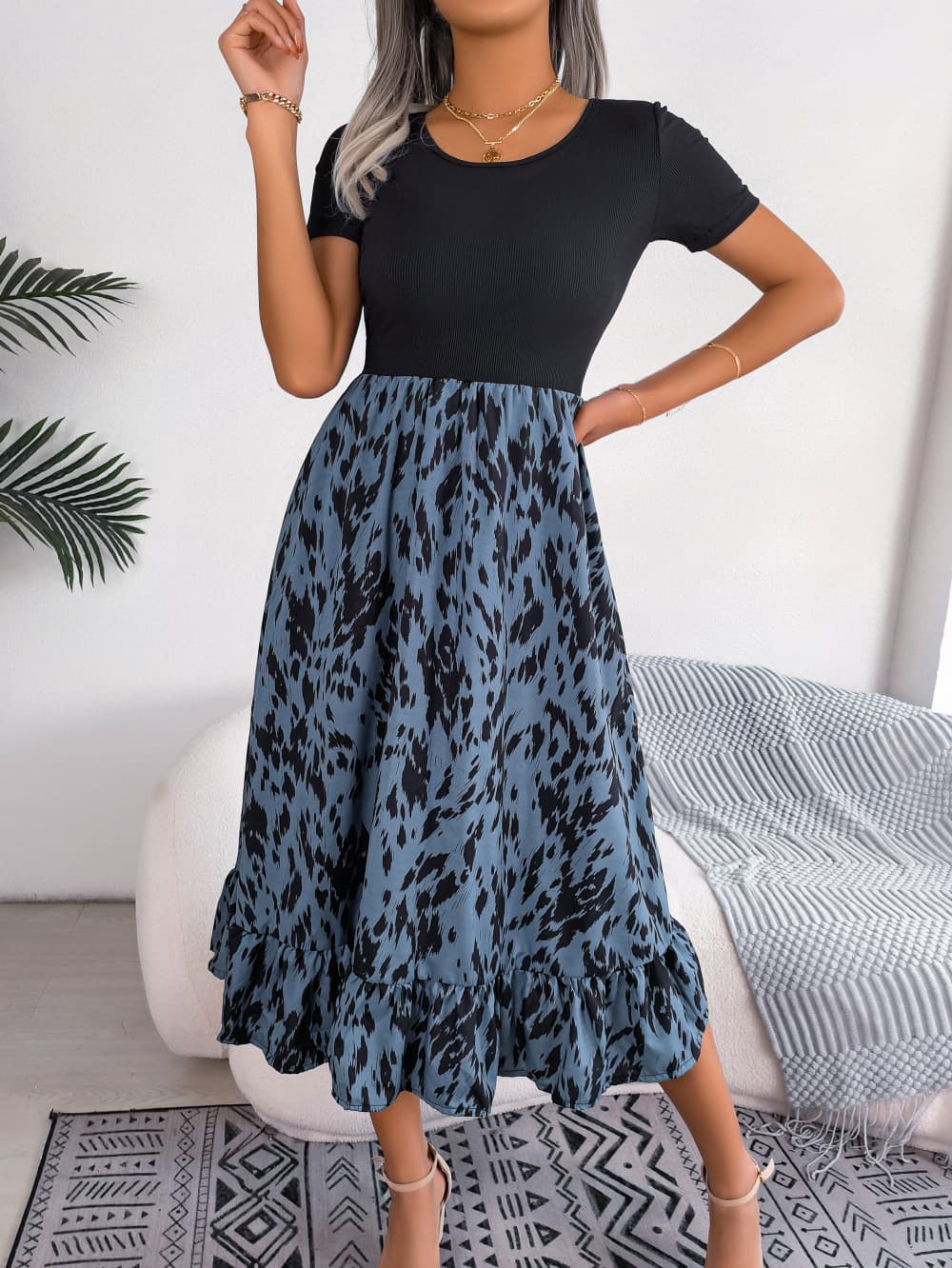 Women  Casual Leopard Print Ruffle Midi Dress