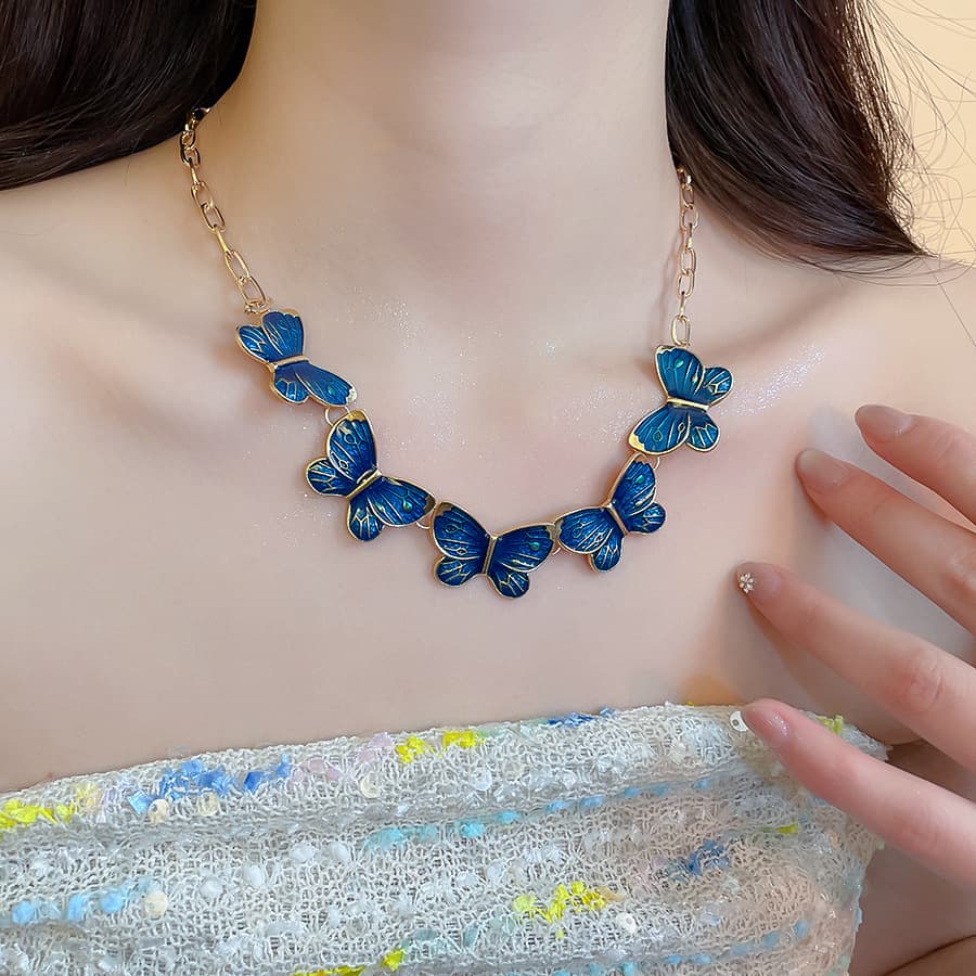 Blue Butterfly Necklace For Women French Style Luxury Collarbone Chain Gold Tone Alloy Choker S925 Sterling Silver Post Hypoallergenic Jewelry