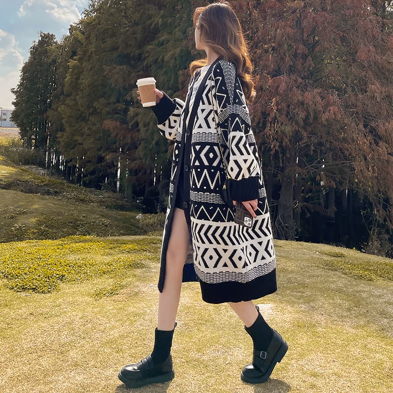 Black Geometry Over Knee Sweater Cardigan