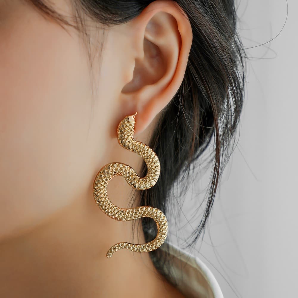 1 Pair Personalized Twisted Geometric Hip-hop Earrings For Women, Exaggerated Statement Snake-shaped Fashion Embossed Long Stud Earrings Trendy Ear Jewelry