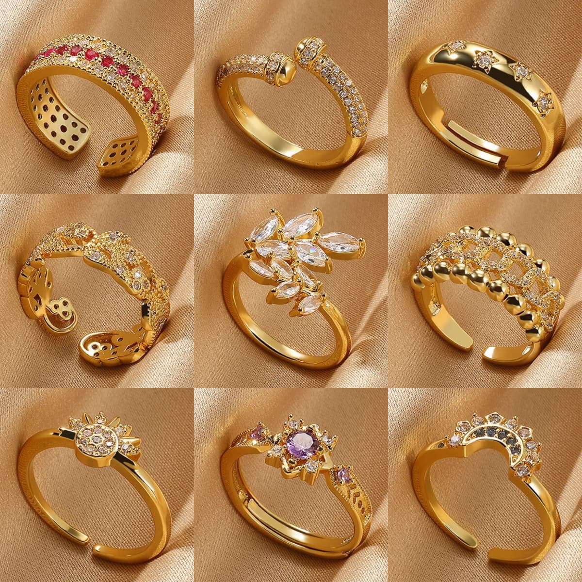 Copper Plated 18K Gold Color Zircon Ring, Luxury Minimalist INS Style Leaf Band Jewelry For Women