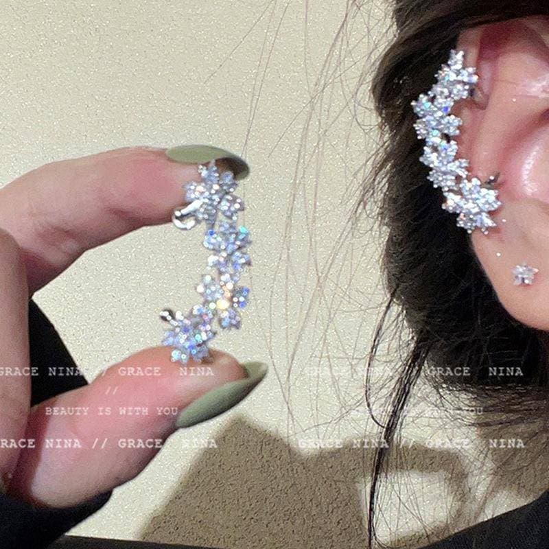 1 Pc Alloy Earrings, Shiny Zircon Flower Ear Cuffs For Women, Fashion Luxury Style, No Piercing Needed, Autumn & Winter Ear Clips