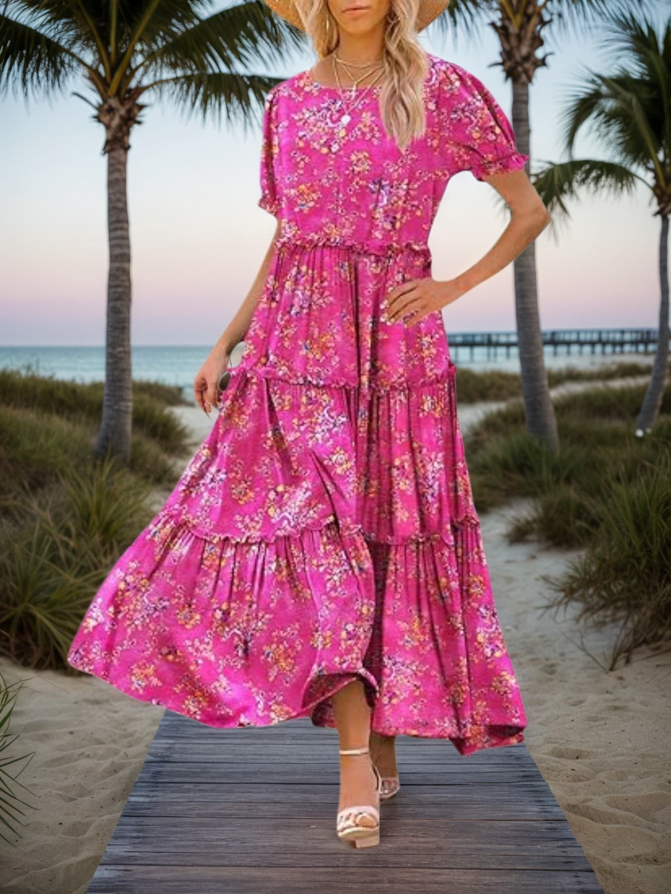 New Summer Boho Floral Women's Bubble Short Sleeve Maxi Dress With Pockets