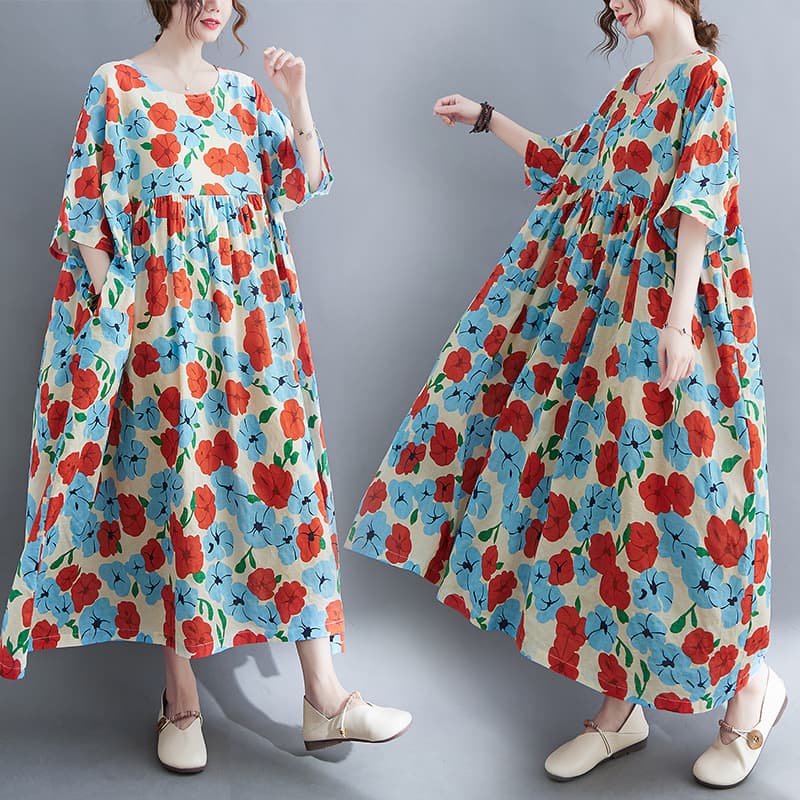 Artistic Large Size Loose Cotton And Linen Printed Short-sleeved Dress For Women