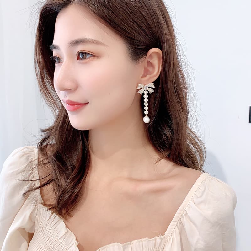 Zircon French Earrings Wholesale Bow Pearl Earrings