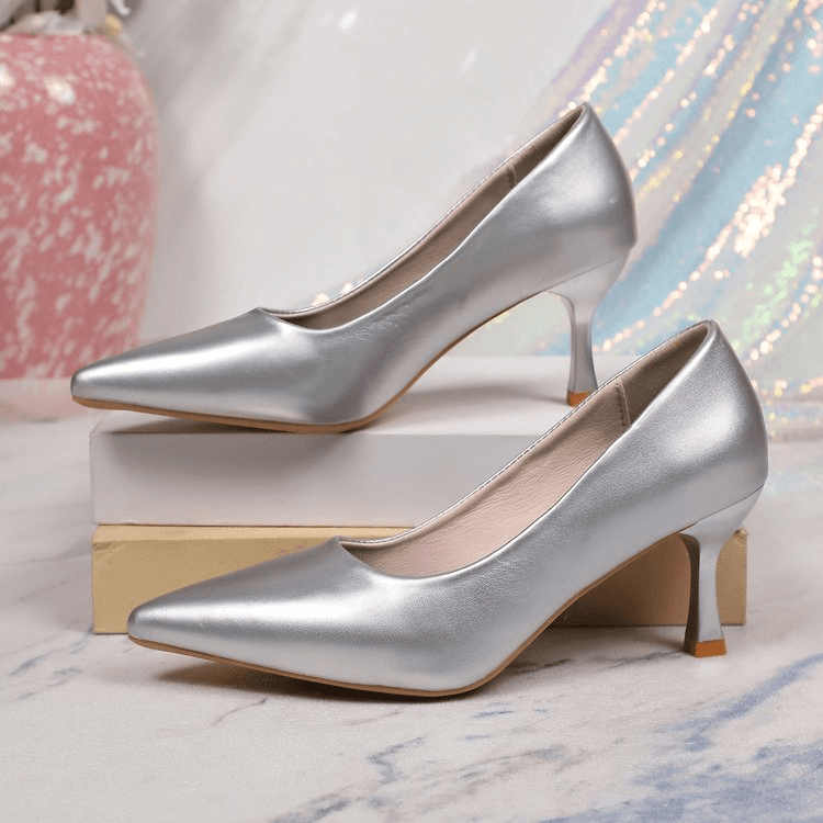 Women's Plus Size Silver Pointed Toe High Heels, Spring New Arrival Thin Heel Patent Leather Pumps, Professional & Wedding Party Shoes