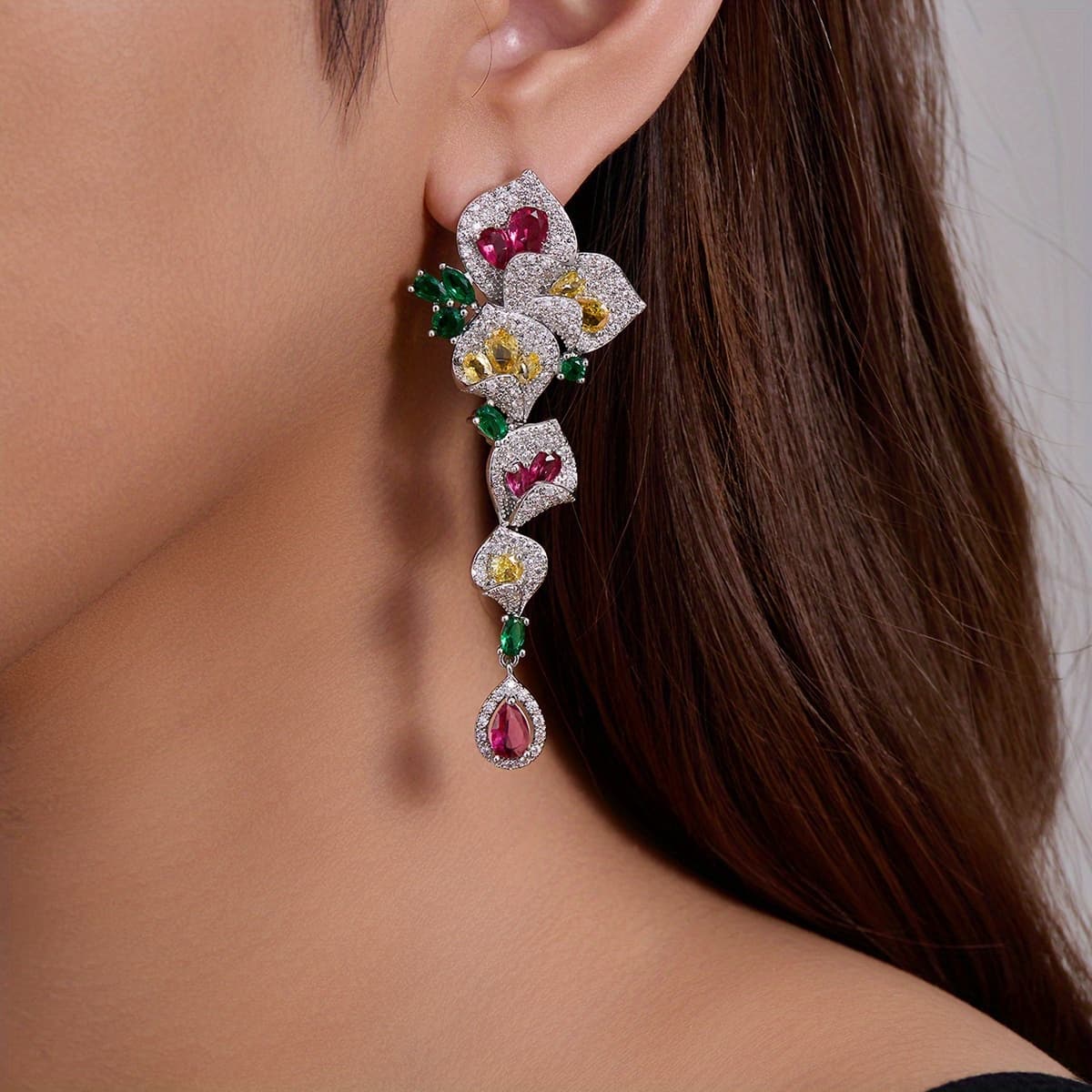 1 Pair Gorgeous Long Dangle Flower Earrings, Cubic Zirconia Earrings For Women, Fashion Party Prom Dress Jewelry, Birthday Holiday Gift