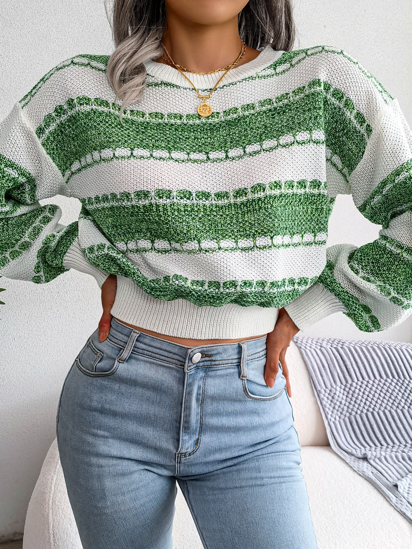 Women Fashion Color Block Long Sleeve Knit Sweater