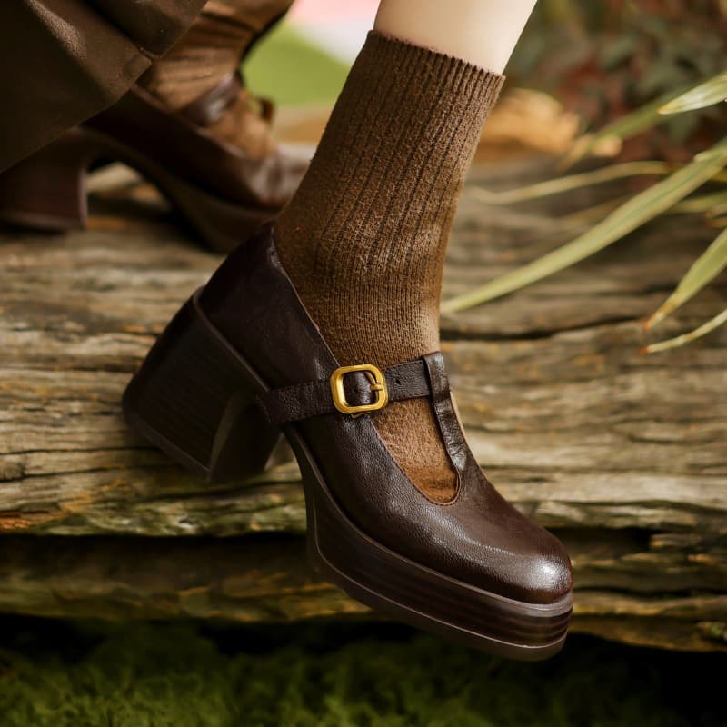 Sheepskin French Retro High Heel T Shape Buckle Thick Bottom Chunky Heel Women's High Heels
