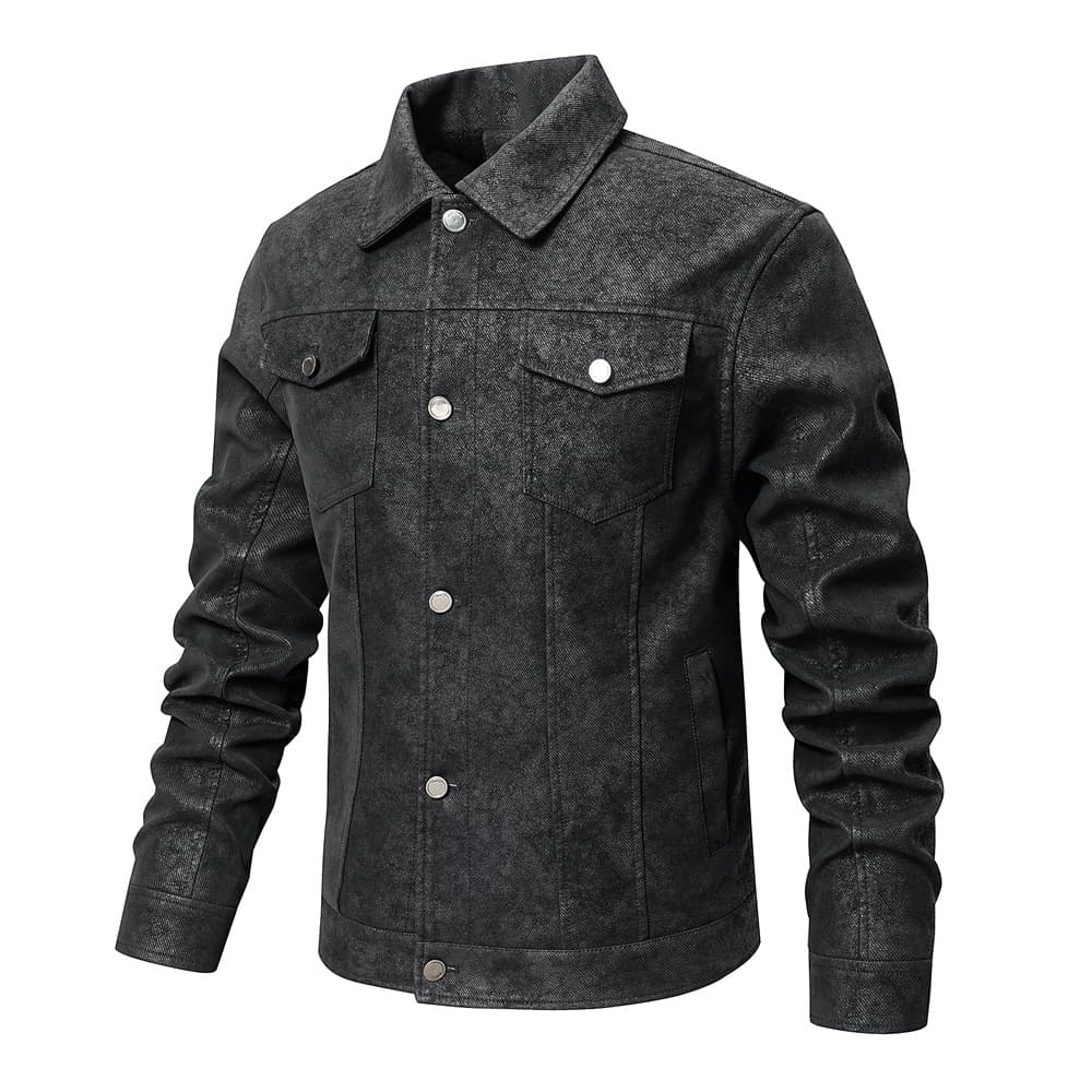 Men's Lapel Leather Jacket Chest Button Pocket Casual Slim Fit