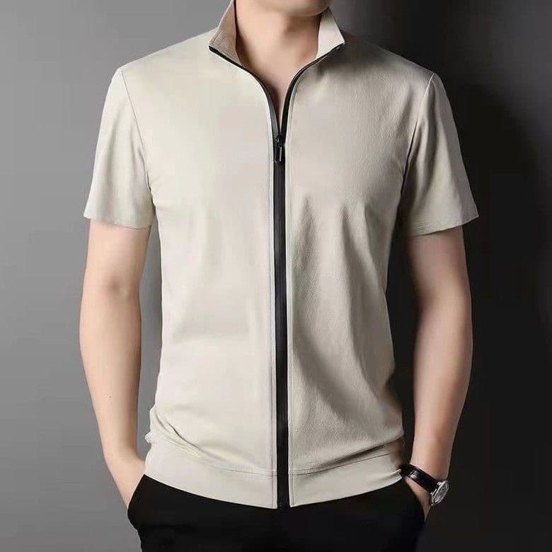 Men's Cardigan Zipped Stand Collar Short Sleeve