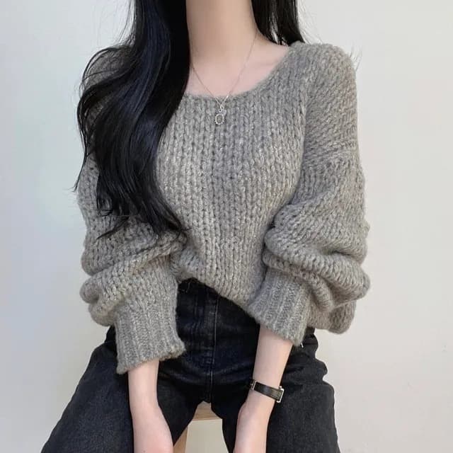Simple Pullover Drop-shoulder Sleeve Loose Thick Knit Knitwear