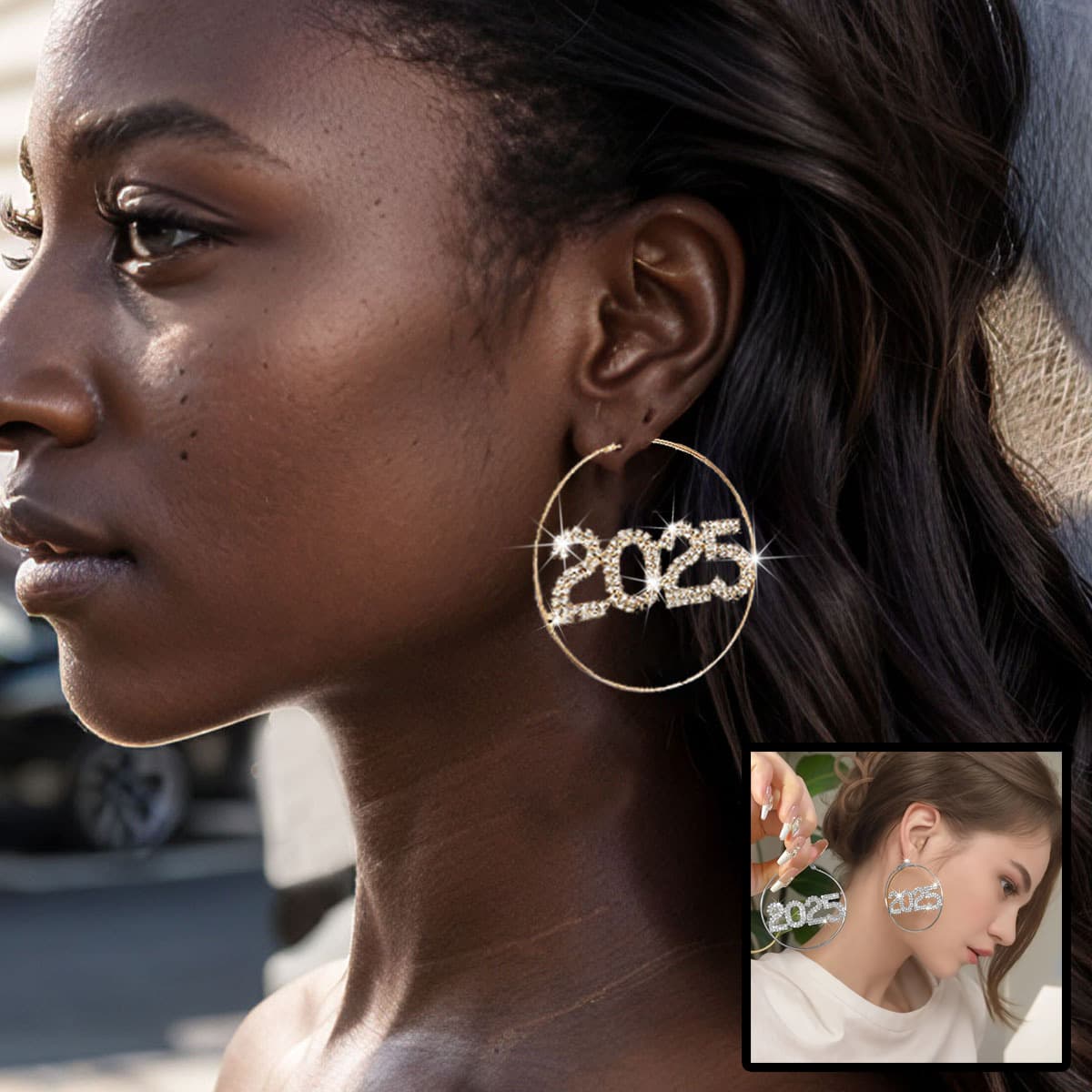 1 Pair Ring Earrings Fashion Full Rhinestone Digital Earrings Copper Material New Year Party Jewelry Accessories