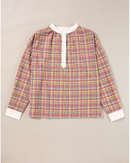 Colorblock Plaid Patchwork Henley Blouse