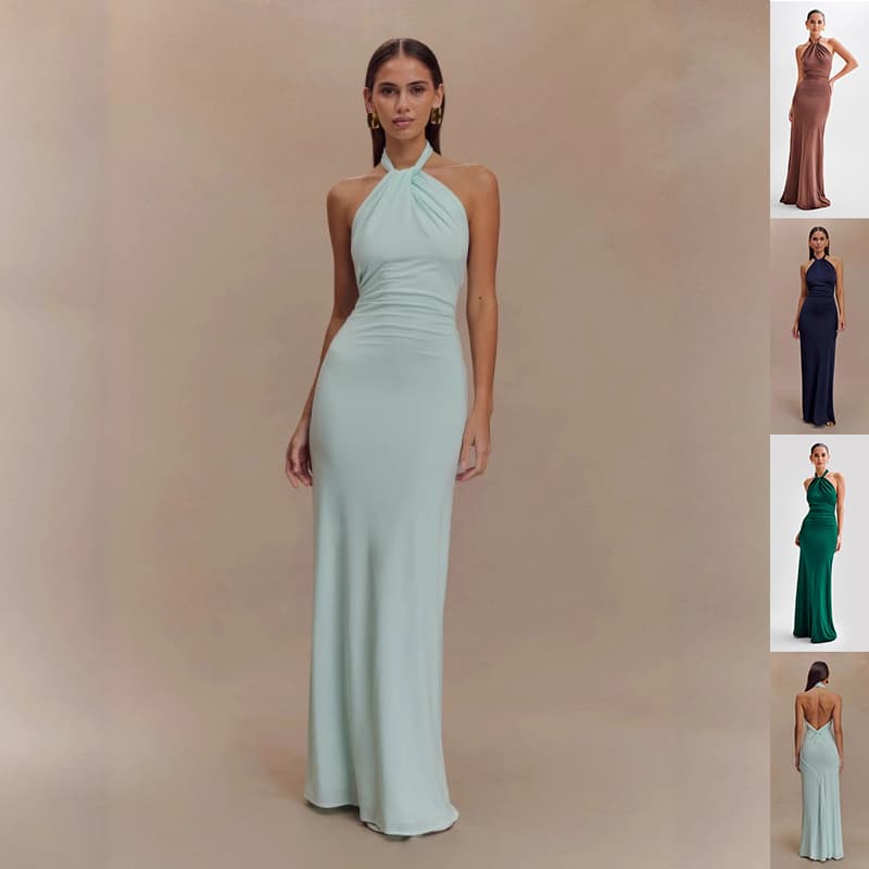 Ins Bodycon Halter Dress Sexy Backless Slim Fit Waist Slimming Maxi Dresses Prom Party Club Clothing For Women
